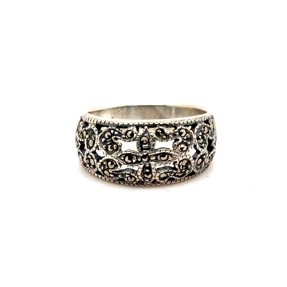 Vintage Sterling Silver Marcasite Filigree Band Ring Size 7 925 Floral 4g